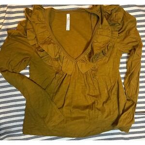 Anthropologie Mustard Yellow Ruffled Long Sleeve Cotton Top Size M